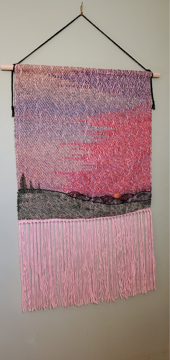 Large Woven Tapestry Pink Sky Landscape, Handwoven Wall Hanging, Textile  Fiber Art of Sunset Over Green Rolling Hills -  Canada