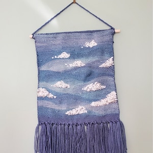 Handwoven tapestry, woven wall hanging, variegated blue sky with clouds, textile wall art