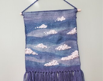 Handwoven tapestry, woven wall hanging, variegated blue sky with clouds, textile wall art