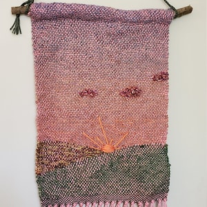 Wall hanging woven, handwoven tapestry, landscape fiber art, wall weaving, textile art of sunrise over green hills- Made to Order