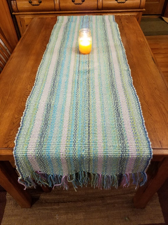 Large woven table runner, handwoven mat, mint green and pastel stripes for spring