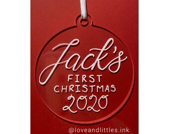 Personalized Acrylic Christmas Ornament: Hand Lettered Family Name, Baby's First Christmas
