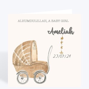 Gepersonaliseerde kaart moslim nieuwe babymeisje, Alhumdulillah islamitische kaart nieuwe babymeisje, cadeau nieuwe baby, kaart moslim baby