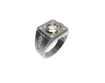 Può includere: Un anello d'argento con una montatura quadrata che presenta una pietra rotonda e trasparente circondata da pietre più piccole. La fascia è decorata con una fila di pietre più piccole.