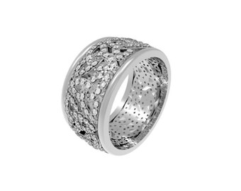 May include: A silver band ring with a decorative design of interlocking circles set with small diamonds.