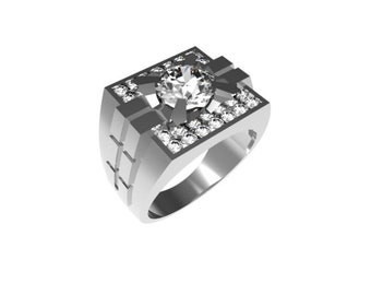 May include: A silver ring with a large, clear, round gemstone surrounded by smaller, clear gemstones. The ring has a square-shaped band with a textured design.