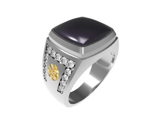 May include: A silver ring with a black square gemstone and a small yellow gemstone surrounded by clear gemstones.