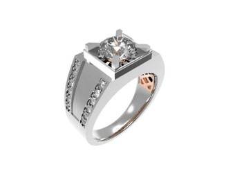 May include: A silver ring with a large, clear, round diamond set in a square frame. The ring has a band with smaller diamonds set in a row on each side.