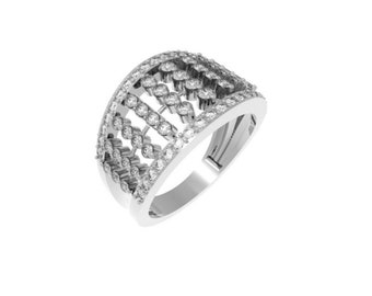 May include: A silver ring with a wide band featuring multiple rows of small, clear gemstones.