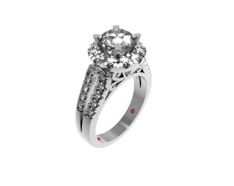May include: A silver engagement ring with a large, round, clear center stone surrounded by a halo of smaller stones. The band is also set with smaller stones.