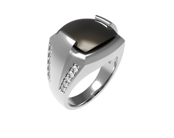 May include: A silver ring with a black gemstone and small diamonds on the band.