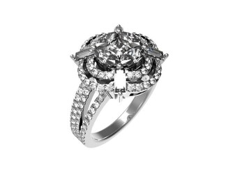 May include: A silver ring with a large, round, clear diamond surrounded by smaller diamonds. The band is also set with diamonds.