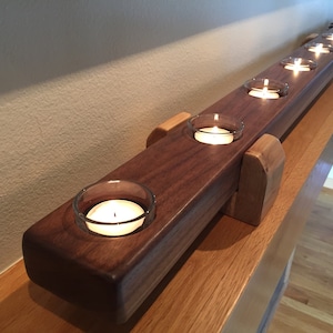 TOP SELLER! --WALNUT Tea Light Centerpiece with Wood Risers, Mantel Candle Holder, Tea Light Candles, 3 sizes - Modern Linear Design