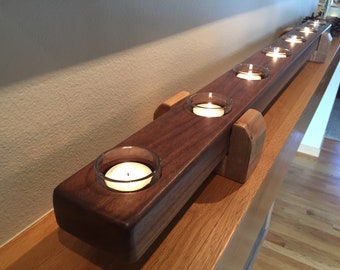 TOP SELLER! --WALNUT Tea Light Centerpiece with Wood Risers, Mantel Candle Holder, Tea Light Candles, 3 sizes - Modern Linear Design