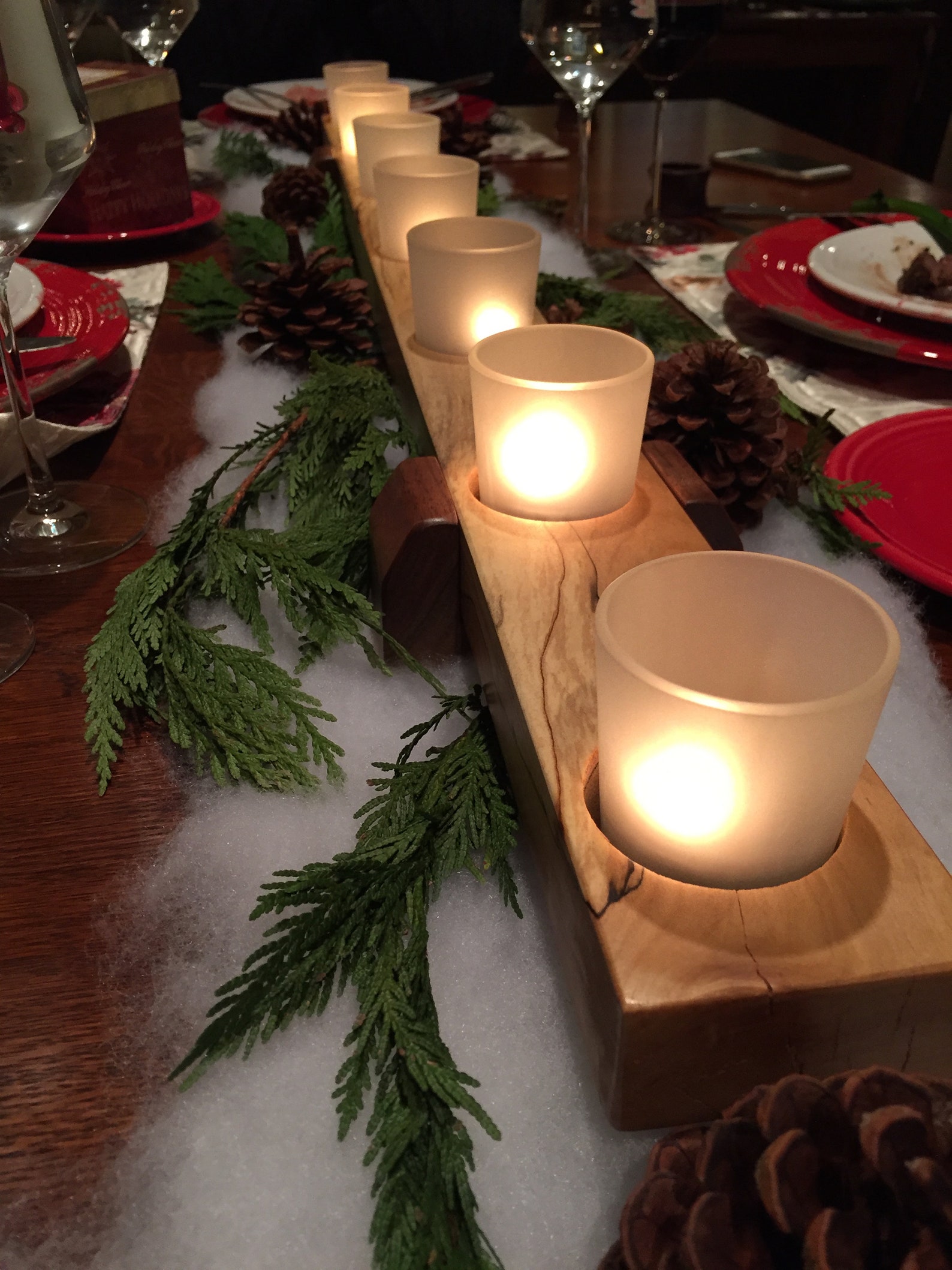 CHERRY Tea Light Centerpiece with Wood Risers Mantle Candle | Etsy