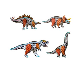 kit of four Alebrijes dinosaurs, 1 triceratops, 1 tyrannosaurus rex, 1 sauropod and 1 stegosaurus by Saulo Mandarin