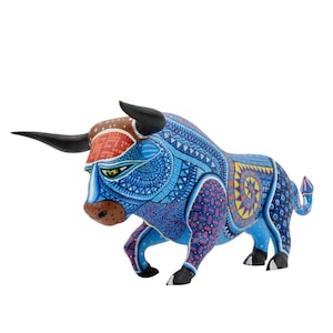 Handmade Alebrije Bull Sculpture: Oaxacan Folk Art Wood Carving