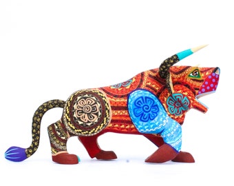 Handmade Wood Alebrije Bull, Oaxacan Folk Art Sculpture