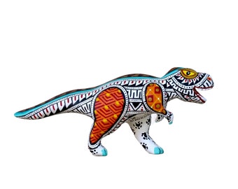 Alebrije Tyrannosaurus Rex, wood carving dinosaur, sculptures made in wood by Saulo Mandarin