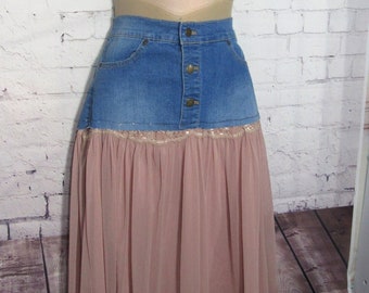 Bohemian Hippie Jean Skirt Wax Jeans + Added Pink Skirt Sz M