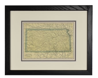 Kansas Map, Original Vintage Kansas State Framed Map,Vintage Map, Rustic Wall Decor, 1920s Authentic Map