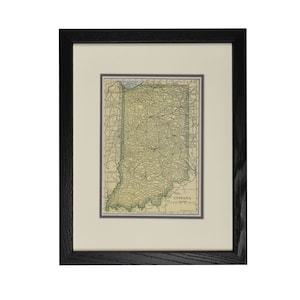 Carte encadrée de l’Indiana, Carte originale vintage de l’État de l’Indiana, Carte cadeau de la Saint-Valentin, Décor mural de bureau, Carte authentique des années 1920