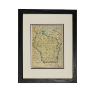 Carte encadrée du Wisconsin, Carte originale vintage de l’État du Wisconsin, Carte vintage, Décor mural rustique, Carte authentique des années 1920