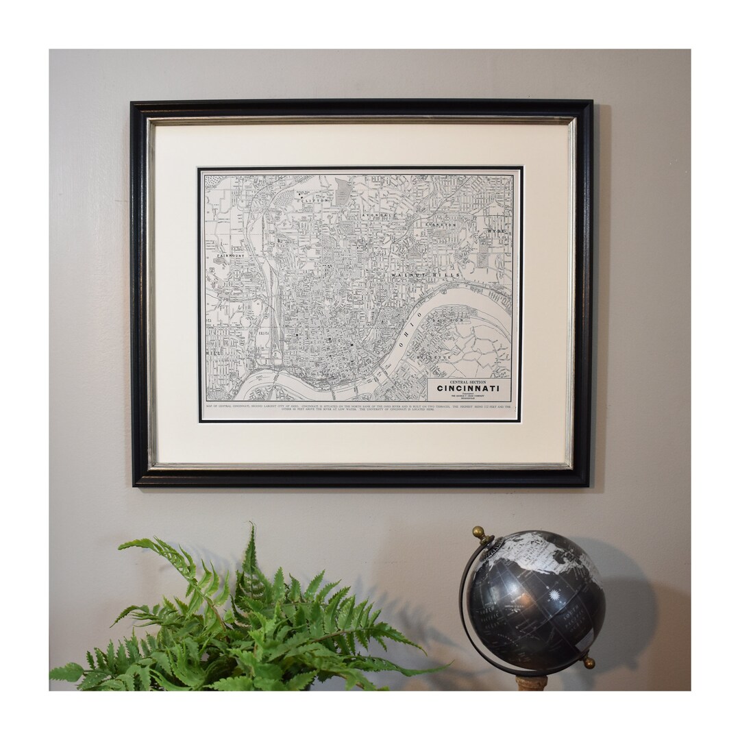 Framed Cincinnati City Map, Vintage Cincinnati, Ohio Map, Original ...
