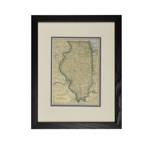 Carte de l'Illinois vintage, carte encadrée originale de l'Illinois, années 1920, décoration murale rustique