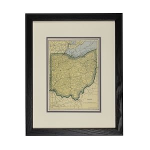 Carte de l’Ohio, Carte encadrée originale de l’Ohio vintage, années 1920, carte vintage, décor mural rustique