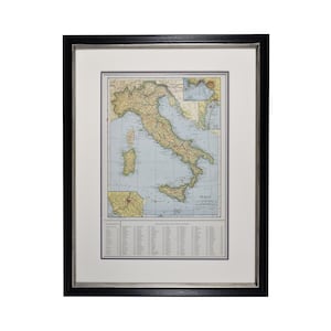 Carte de l’Italie vintage, Carte originale des années 1920 encadrée, Décor mural rustique