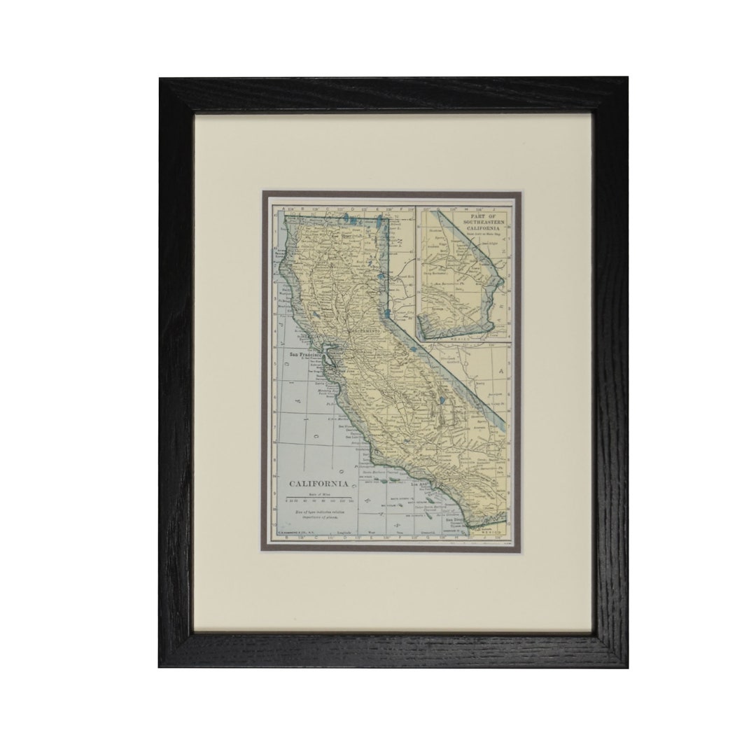 California Map, Original Vintage California Framed Map, 1920s, Vintage