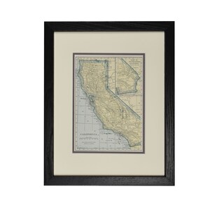 Carte de Californie, carte encadrée originale de Californie vintage, années 1920, carte vintage, décoration murale rustique