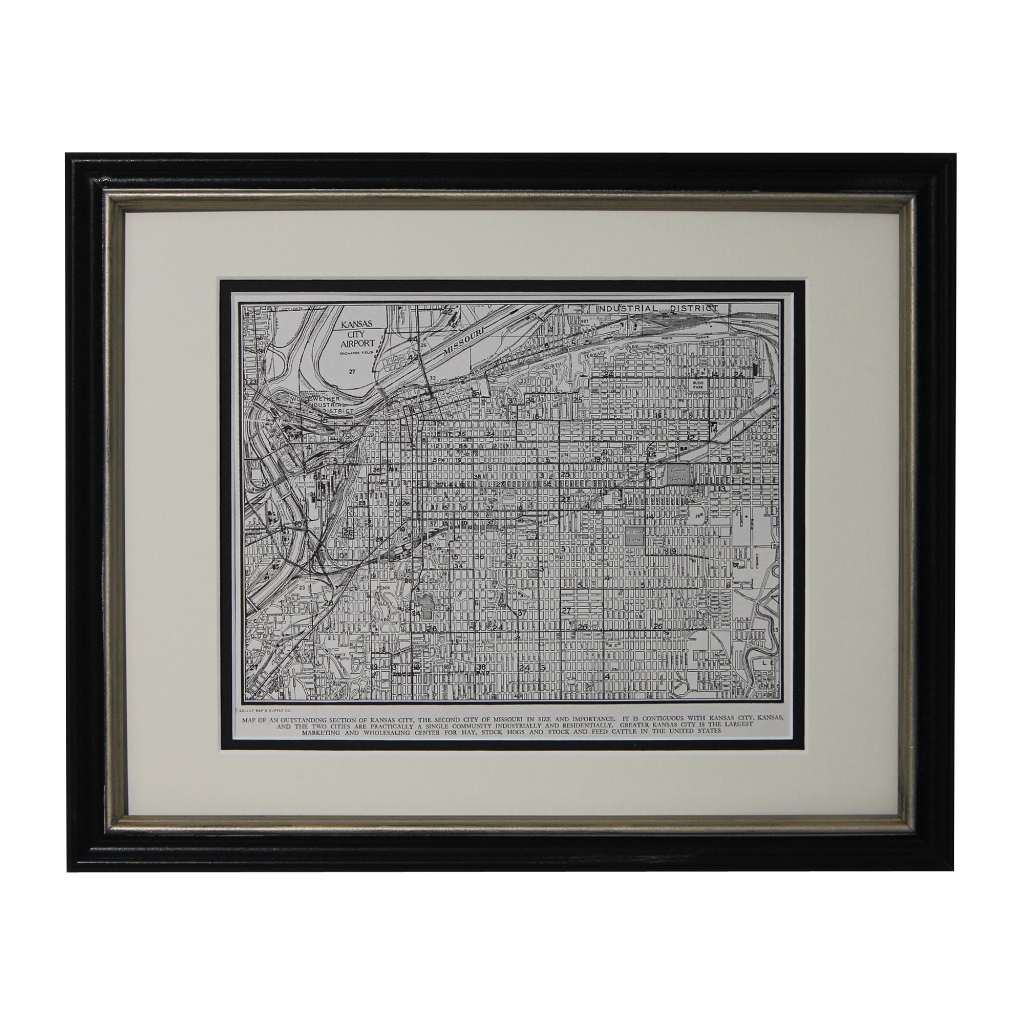Framed Kansas City Map, Vintage Kansas City, MO Map, Original 1940s Authentic MapVintage Wall