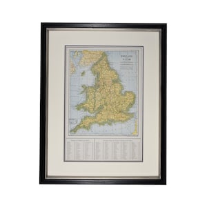 Carte encadrée de l’Angleterre vintage, carte originale de l’Angleterre, carte antique des années 1920 Angleterre / Pays de Galles, décor mural rustique