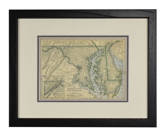 Maryland/Deleware Map, Original Vintage Framed Maryland Map, Custom MD Map, Rustic Wall Decor
