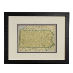 Carte de Pennsylvanie, Carte originale de Pennsylvanie encadrée vintage, Carte encadrée personnalisée PA des années 1920