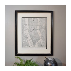 Carte de New York encadrée, carte originale vintage du Lower Manhattan, originale des années 1940 - Carte authentique-décor mural vintage