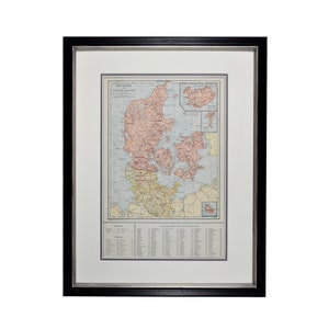 vintage Danemark Carte encadrée, Carte originale du Danemark, Décor mural ancien du Danemark 1920, Carte authentique