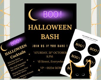 Editable Halloween Invitation Bundle - Party Invite, Cupcake Toppers - Cocktail Menu - Printable Digital Download, Black & White Versions