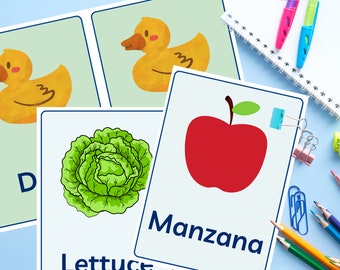 Bilingual English/Spanish Alphabet Flash Cards - Colorful Learning for Preschool Kids - A5 Size - Printable PDF