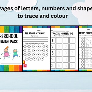 Pre School learning, digital download tracing and colouring pages. Fun way to learn colours, numbers and letters.