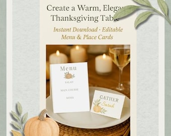 Thanksgiving Menu Template - Editable Menu Card - Printable Fall Dinner Menu - Elegant Thanksgiving Table Décor - Instant Download