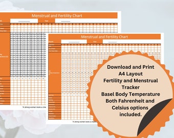 Fertility and Menstrual cycle record. Instant A4 Orange design download for you to monitor your daily temp and menstrual cycle.