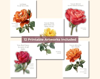 Rose Wall Art Printable Set of 12 | Botanical Quote Prints | Romantic Floral Decor | Vintage Style Digital Download | Inspirational Wall Art