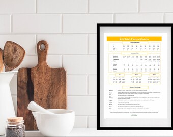 Kitchen Conversion Chart, Yellow Theme, Baking Measurements (Digital Download A4)