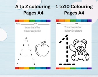 Pre School learning, digital download tracing and colouring pages. A to Z and 1 to 10
