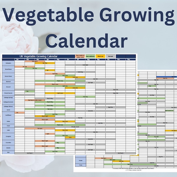 British Vegetable Growing Calendar plus Blank Calendar, A4 size, Gardeners Gift, Allotment, Seed Sowing Times, Digital Download,