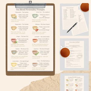 Könnte beinhalten: Ein druckbares Reflexionspaket mit Tee-Blend-Persönlichkeitsaufforderungen. Das Bild zeigt einen Klemmbrett mit Aufforderungen, eine Checkliste und eine Anleitung zur Erstellung eines Tee-Rituals. Die Aufforderungen umfassen verschiedene Teesorten und die damit verbundenen Gefühle.