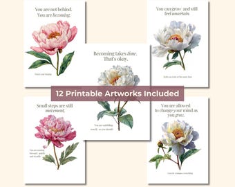 Botanical Peony Quote Prints | Set of 12 Calm Floral Artworks (Digital Download)